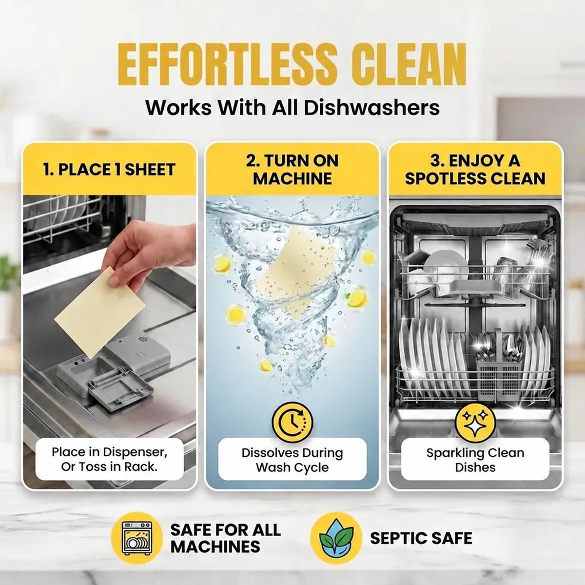 Dishwasher Sheets | Replaces Dishwasher Pods & Liquid | Zero Plastic Packaging | No Nasties Formula | Septic Safe | Strong Clean | Fresh Lemon Scent | Eco Friendly Dish Soap