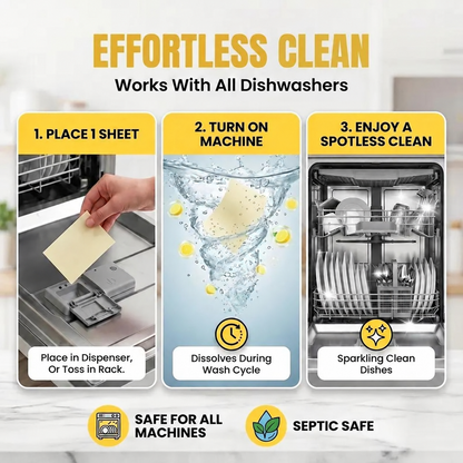 Dishwasher Sheets | Replaces Dishwasher Pods & Liquid | Zero Plastic Packaging | No Nasties Formula | Septic Safe | Strong Clean | Fresh Lemon Scent | Eco Friendly Dish Soap