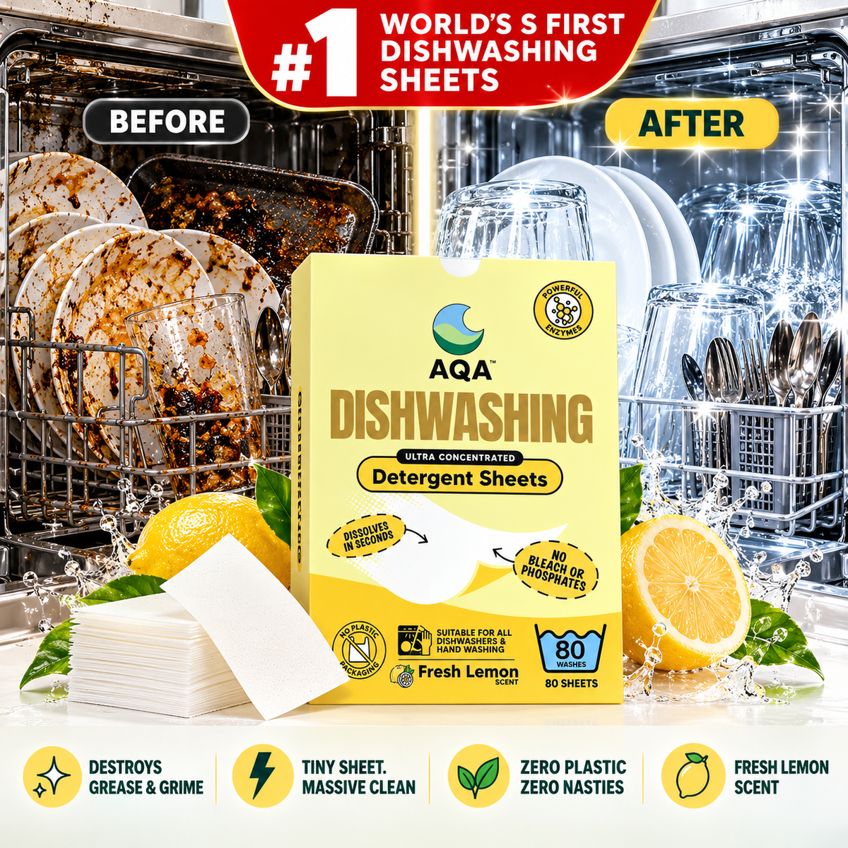 Dishwasher Sheets | Replaces Dishwasher Pods & Liquid | Zero Plastic Packaging | No Nasties Formula | Septic Safe | Strong Clean | Fresh Lemon Scent | Eco Friendly Dish Soap
